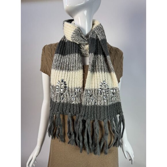 Charming Charlie Gray & Ivory Striped Knit Scarf W/ Rhinestone Embellishments & - Picture 9 of 12